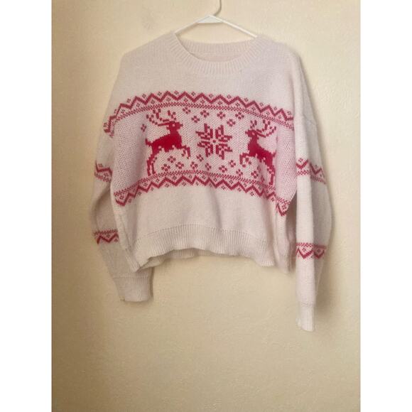 Shein Women's Sweater Size L Red Reindeer Cream Cropped - Picture 3 of 6